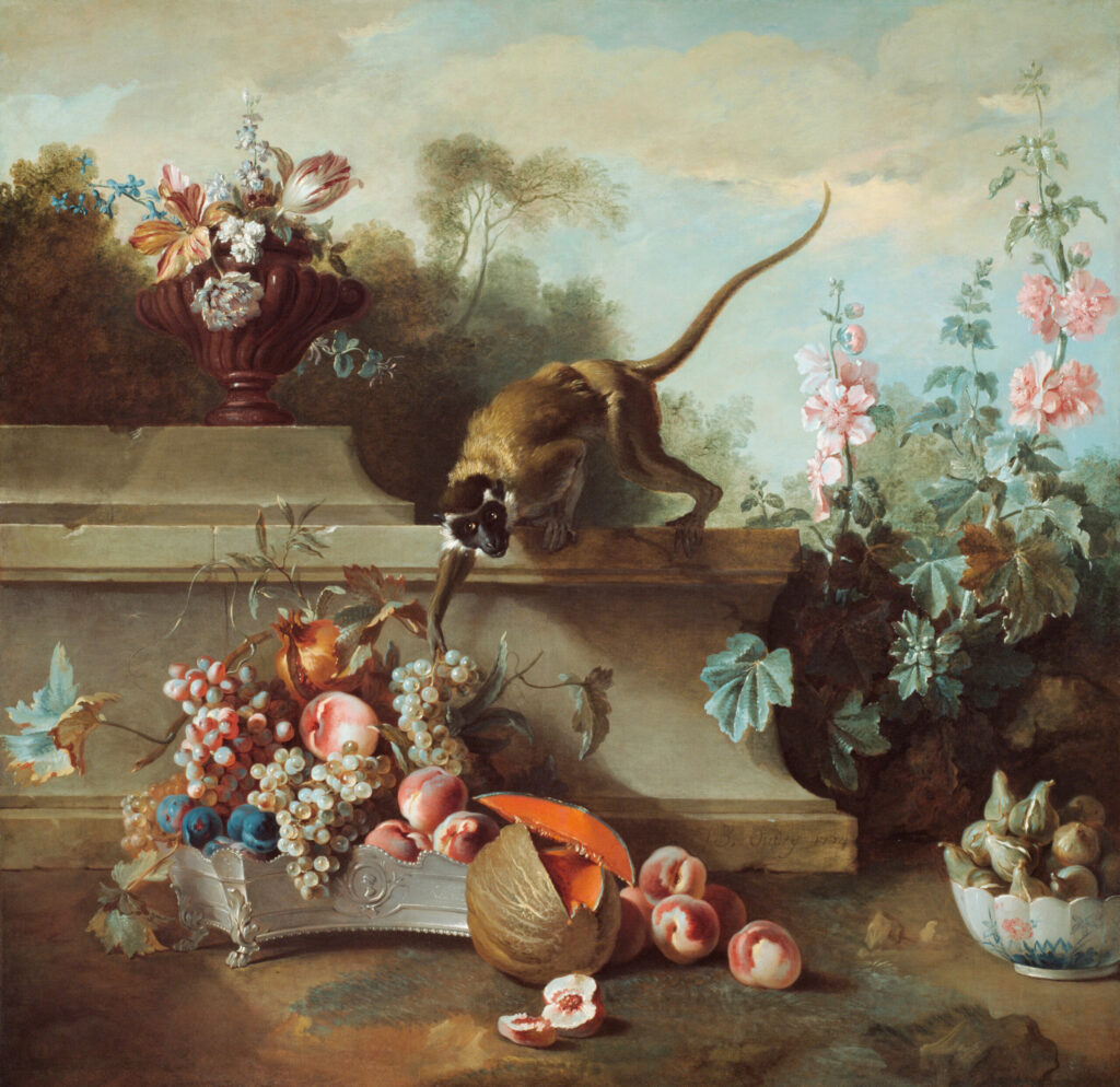 "Still Life with Monkey, Fruits, and Flowers" by Jean-Baptiste Oudry, 1724