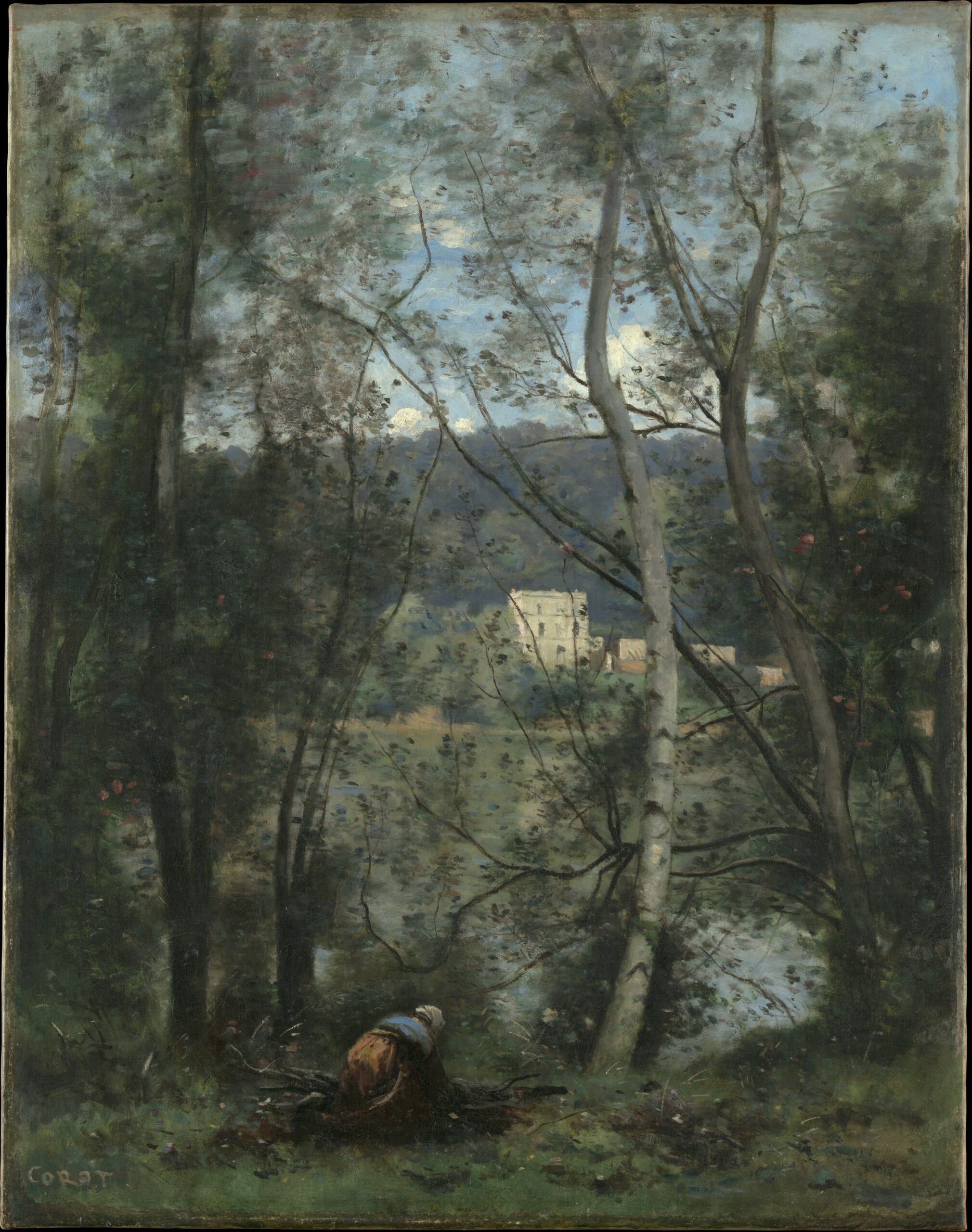 Une femme ramassant des fagots à Ville-d'Avray, par Camille Corot, vers 1871-1874