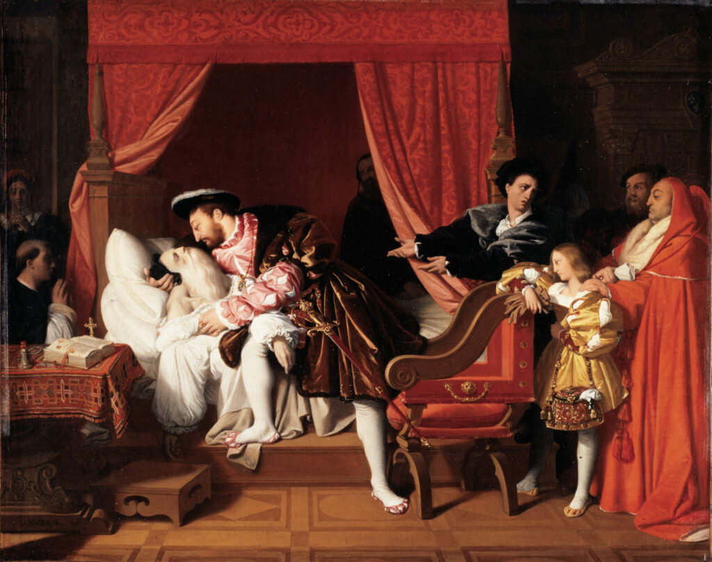 "Francis I Receiving the Last Breaths of Leonardo da Vinci" by Jean-Auguste-Dominique Ingres, 1818