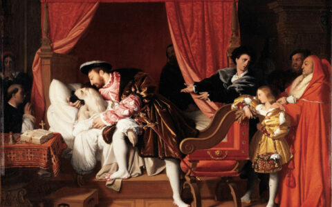 "Francis I Receiving the Last Breaths of Leonardo da Vinci" by Jean-Auguste-Dominique Ingres, 1818