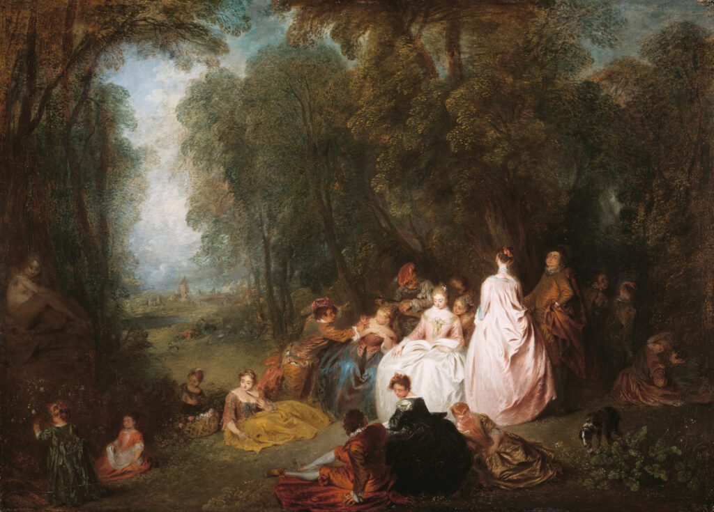 Fête champêtre, par Jean-Antoine Watteau, assisté de Jean-Baptiste Pater, vers 1718-1721
