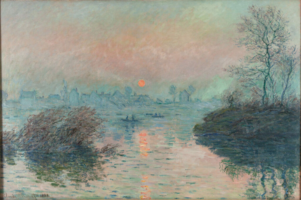 Soleil couchant sur la Seine à Lavacourt, effet d'hiver, par Claude Monet, en 1880