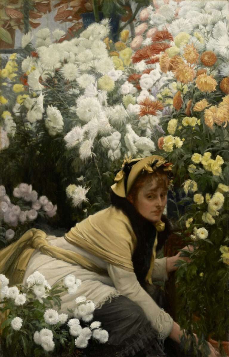 James Tissot, Chrysanthèmes, vers 1874-1876, huile sur toile. Clark Art Institute, acquis en l'honneur du directeur de l'Institut David S. Brooke, 1994.