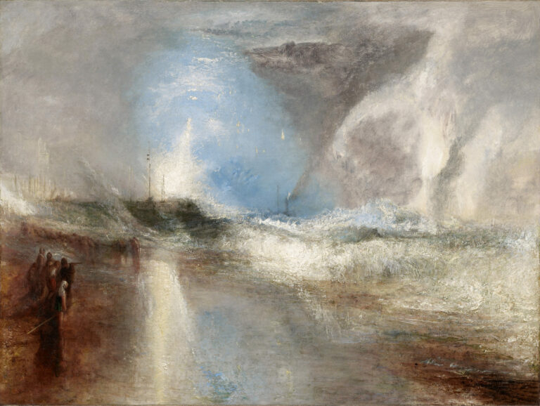 Joseph Mallord William Turner, Fusées et lumières bleues (à portée de main) pour avertir les bateaux à vapeur de la présence de hauts-fonds, 1840, huile sur toile. Clark Art Institute, 1955.37