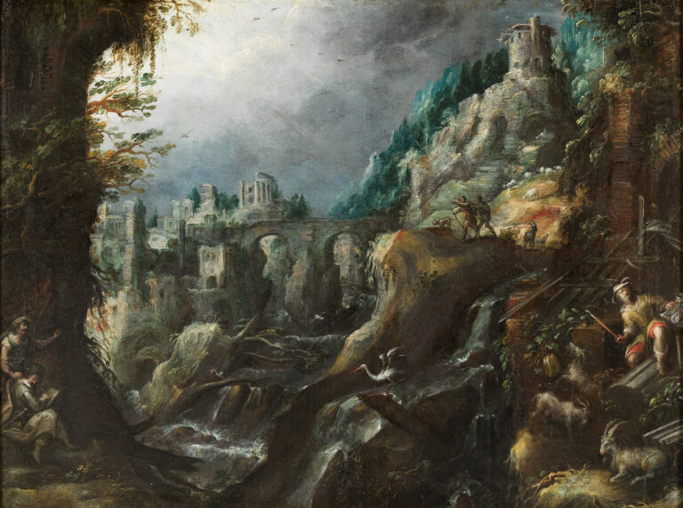 Mountain landscape with tumultuous river, classical ruins and shepherds, by Lodewijk Toeput, 1590s