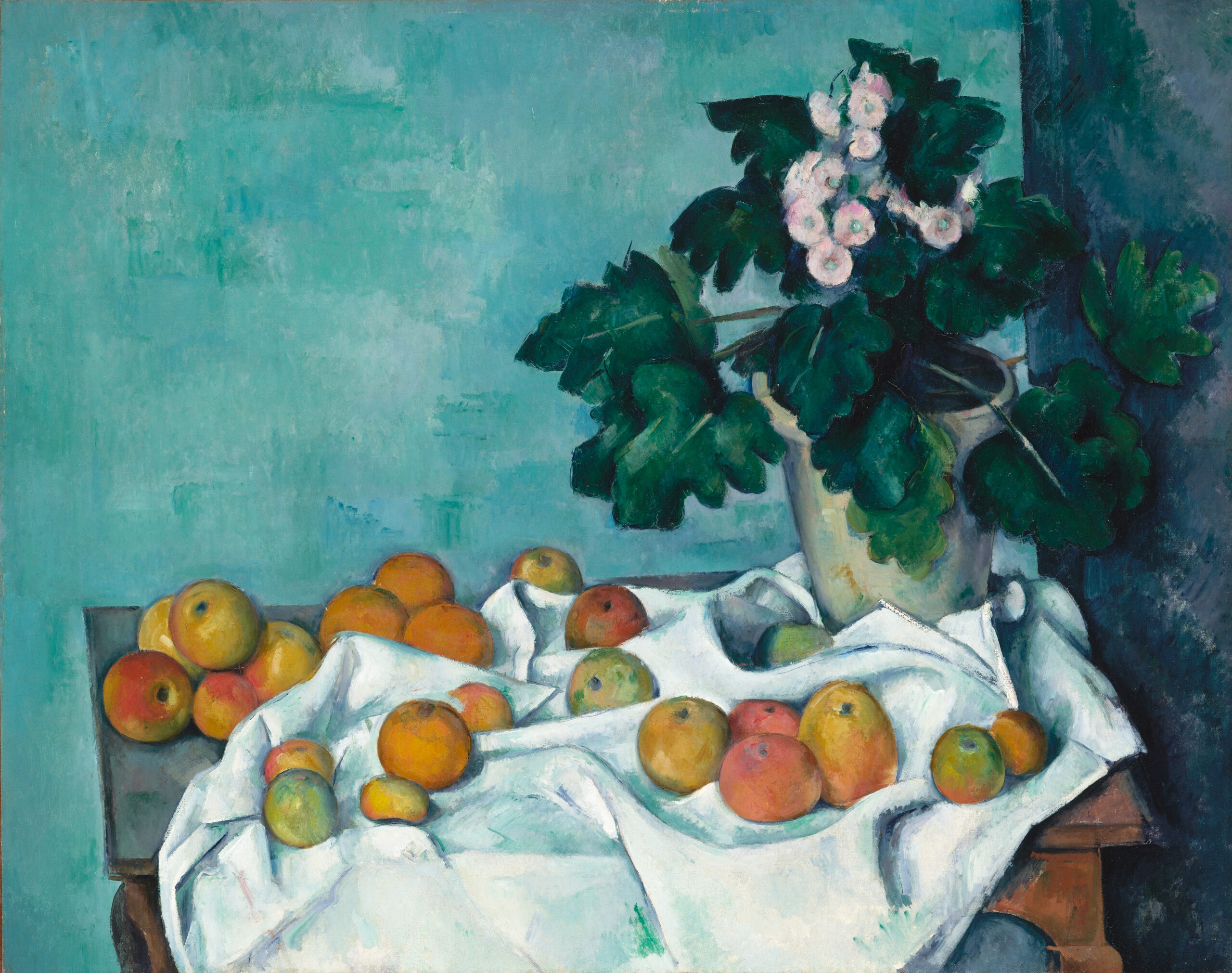 Nature morte aux pommes et au pot de primevères, par Paul Cézanne, vers 1890