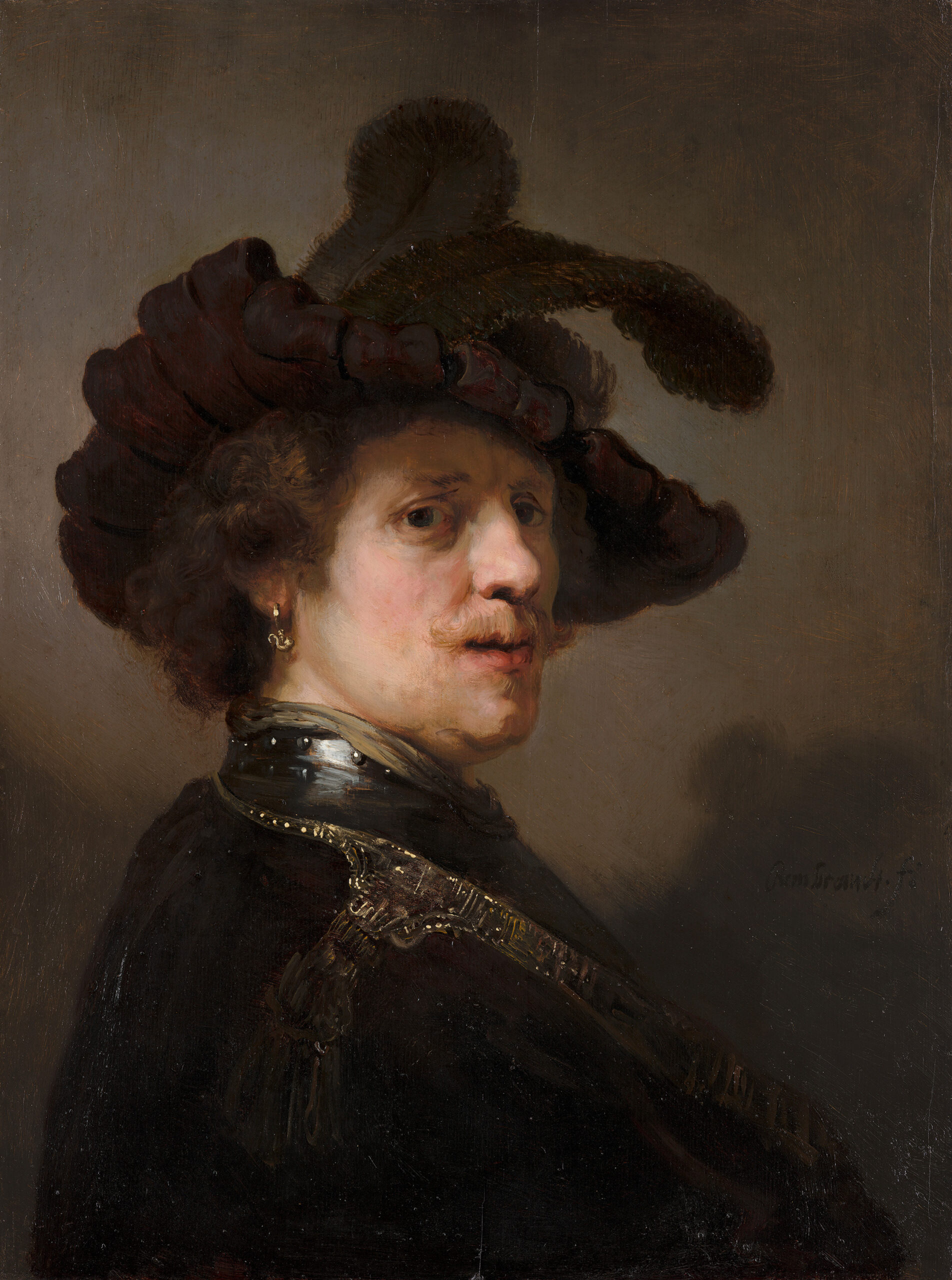 « Tronie » d'un homme au béret à plumes, par Rembrandt, vers 1635-1640