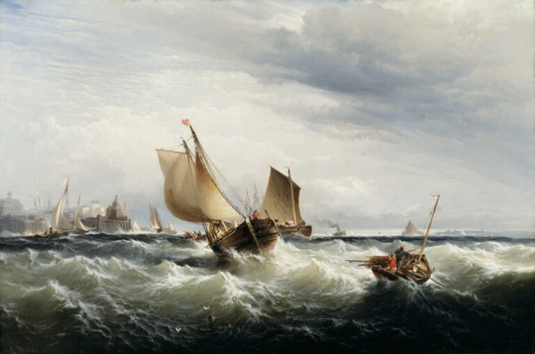 Edward Moran, Fishing Boats Beating up to Windward, ca. 1858, oil on canvas, 29 3⁄4 x 45 in. (75.9 x 14.3 cm.), Smithsonian American Art Museum, Bequest of Mabel Johnson Langhorne, 1956.11.34