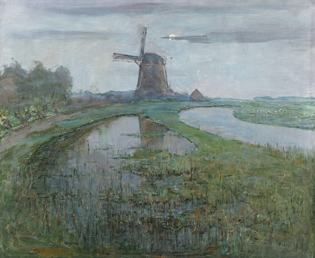 Oostzijdse Mill along the River Gein by Moonlight, Piet Mondrian (signed by the artist), circa 1903