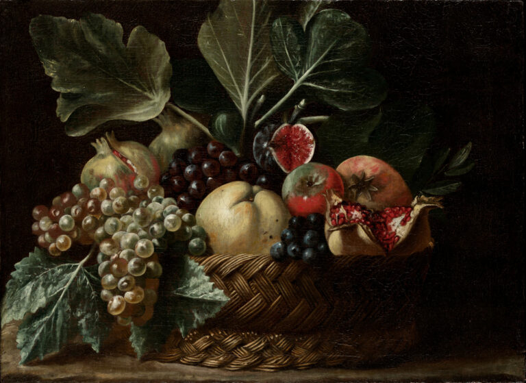Basket of Fruit, by Bartolomeo Cavarozzi or the Master of the Acquavella Still Life, circa 1620