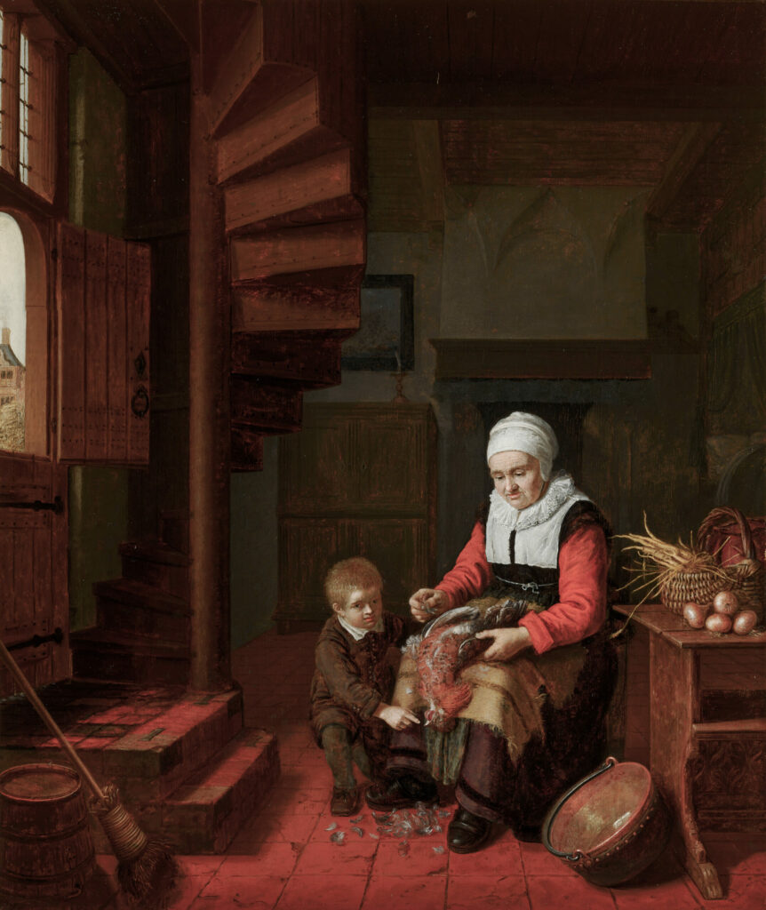 Old Woman Plucking a Cock, Abraham de Pape, c. 1650, Mauritshuis, The Hague