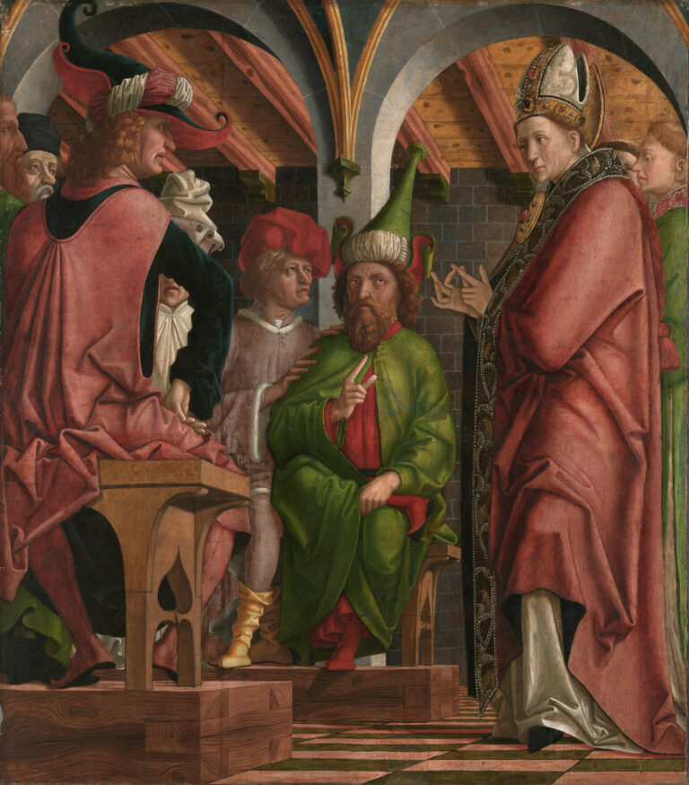 Retable des Pères de l'Église, extérieur du volet gauche (en haut) : Disputation de saint Augustin avec les hérétiques, Michael Pacher, vers 1480, Collections de peintures de l'État de Bavière, Alte Pinakothek, Munich