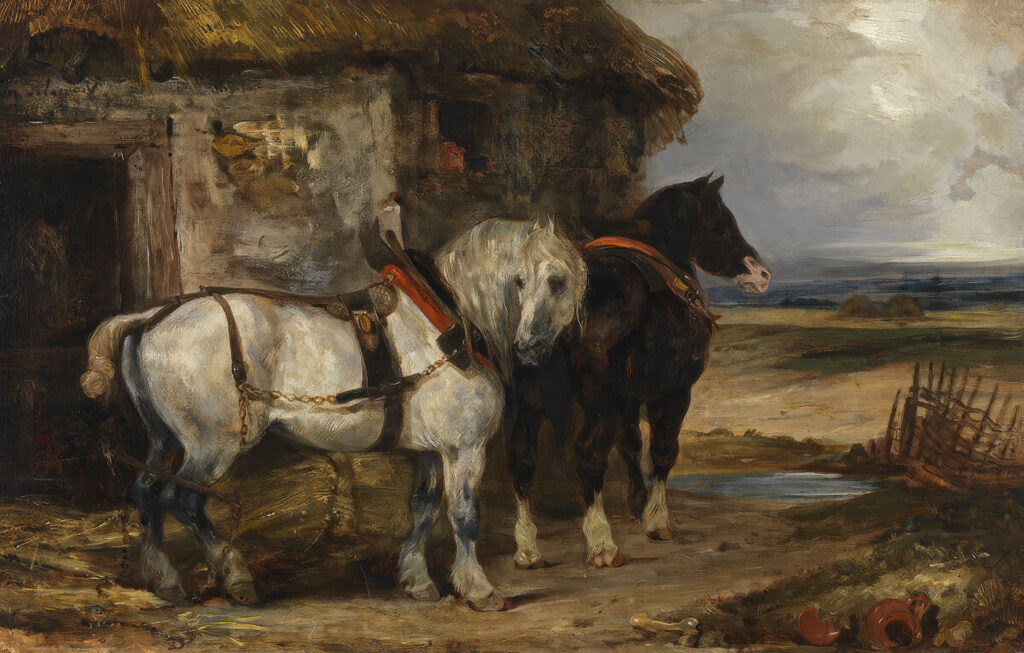 Deux chevaux devant une écurie, Eugène Delacroix, vers 1825-1827, Neue Pinakothek, Munich